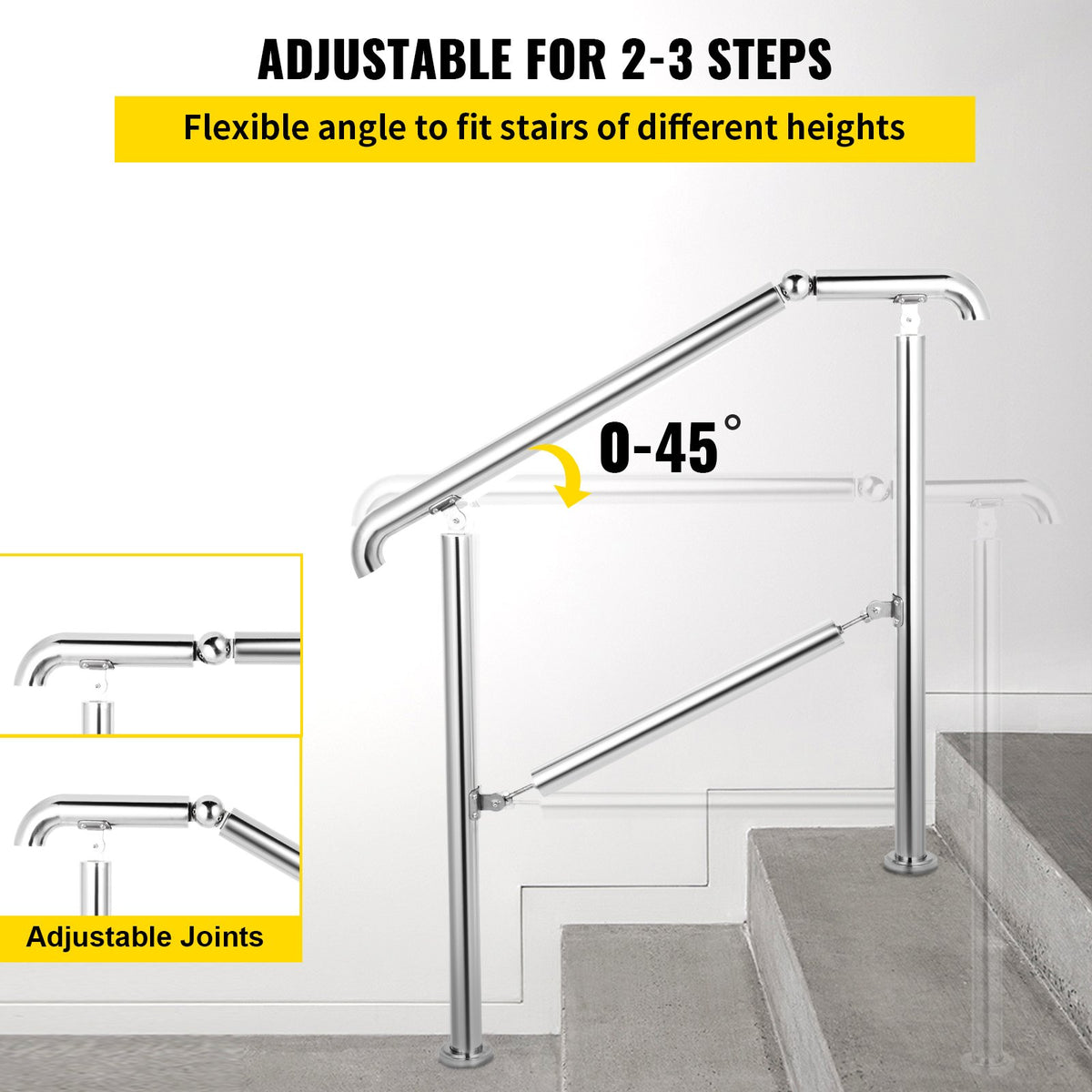 Stair Railing 3 Step Stainless Steel Handrail Adjustable Indoor Outdoor 220lb
