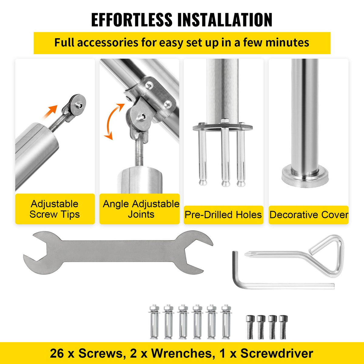 Stair Railing 3 Step Stainless Steel Handrail Adjustable Indoor Outdoor 220lb
