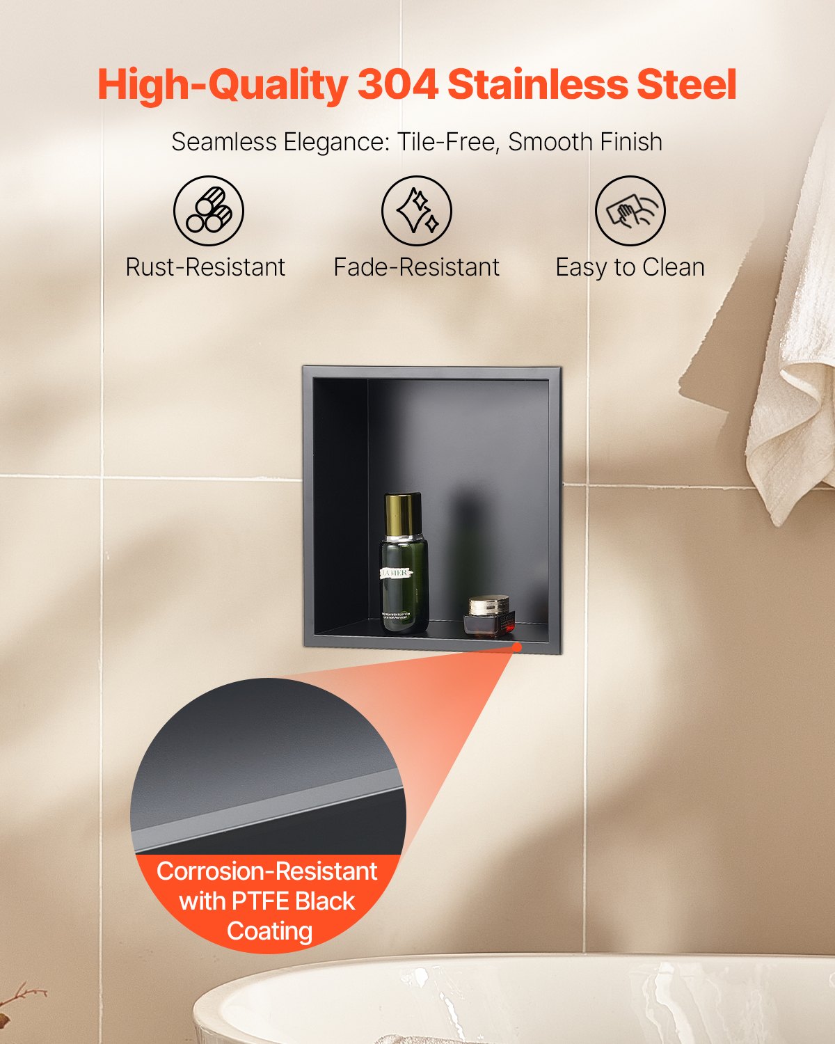 Shower Niche 33x33x10.2cm Recessed Wall Stainless Steel Black Soap Storage