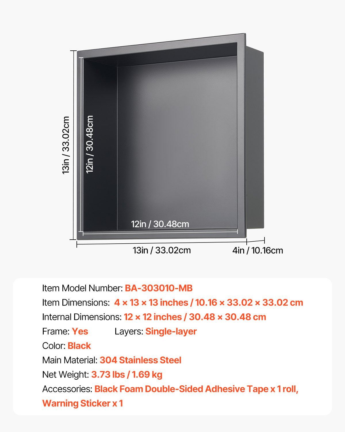 Shower Niche 33x33x10.2cm Recessed Wall Stainless Steel Black Soap Storage