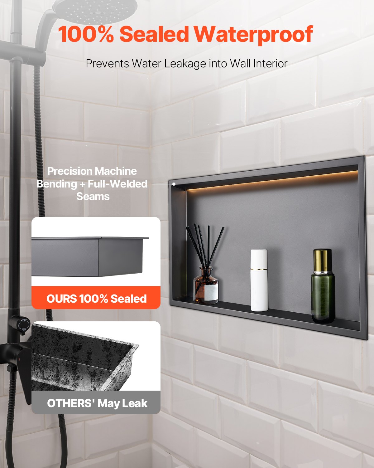 Shower Niche 33x63.5x10.2cm Recessed Wall Stainless Steel LED Strip Black