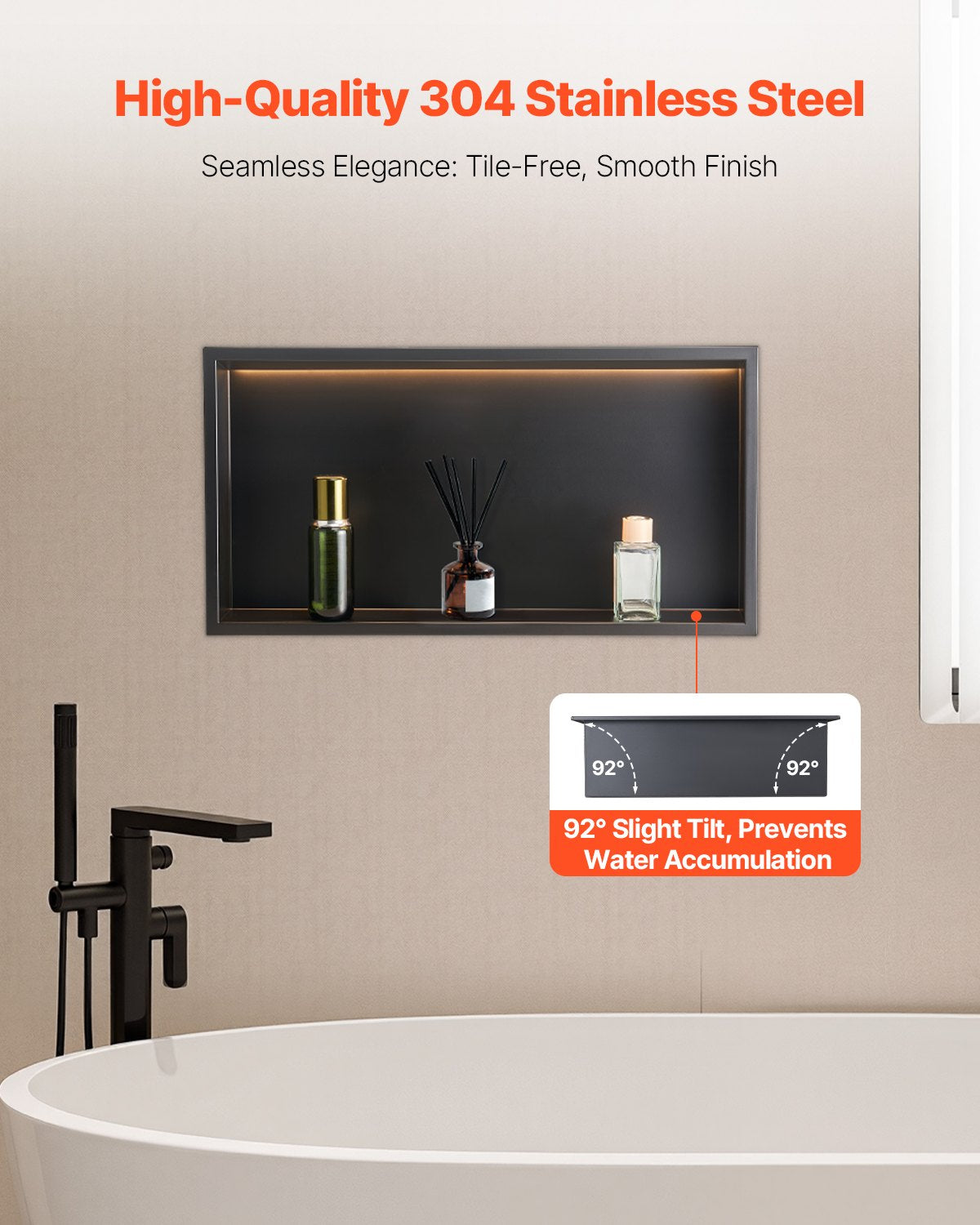 Shower Niche 33x63.5x10.2cm Recessed Wall Stainless Steel LED Strip Black