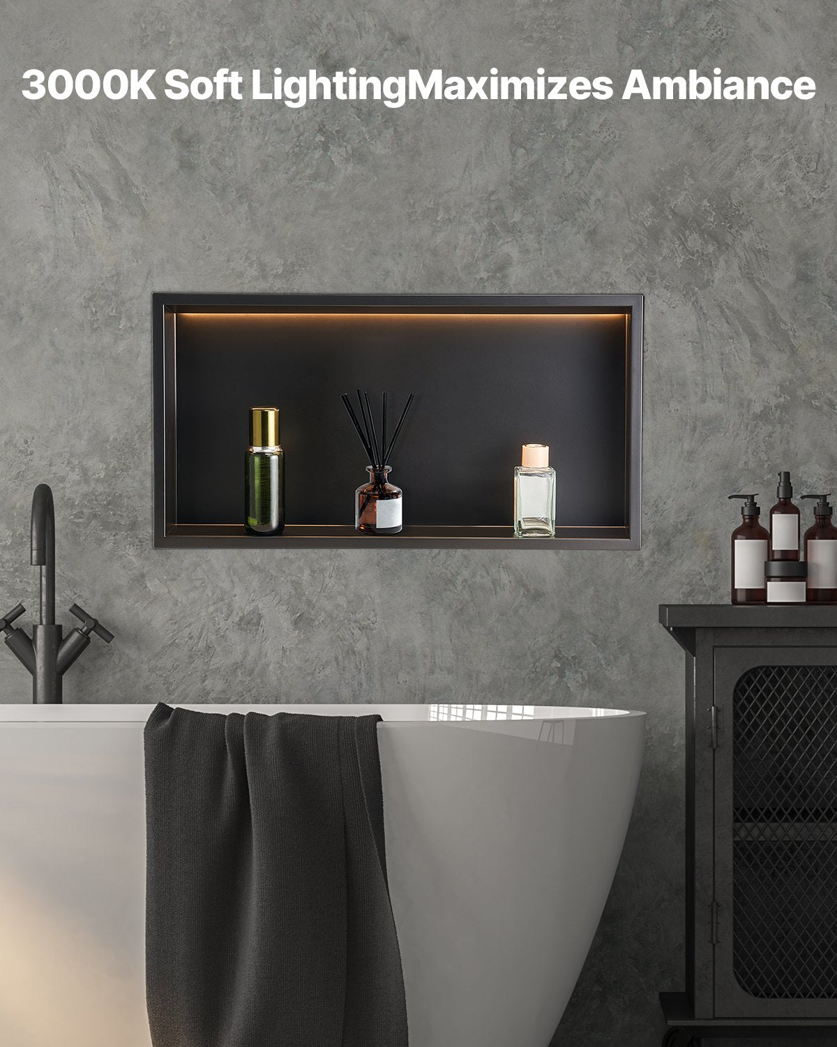 Shower Niche 33x63.5x10.2cm Recessed Wall Stainless Steel LED Strip Black