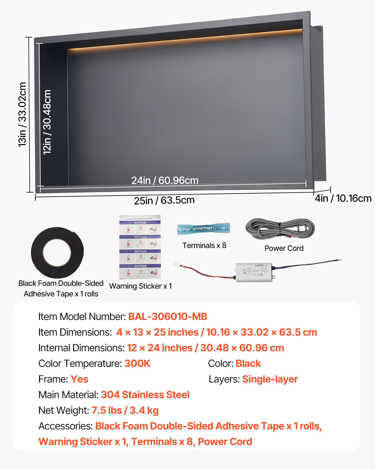 Shower Niche 33x63.5x10.2cm Recessed Wall Stainless Steel LED Strip Black