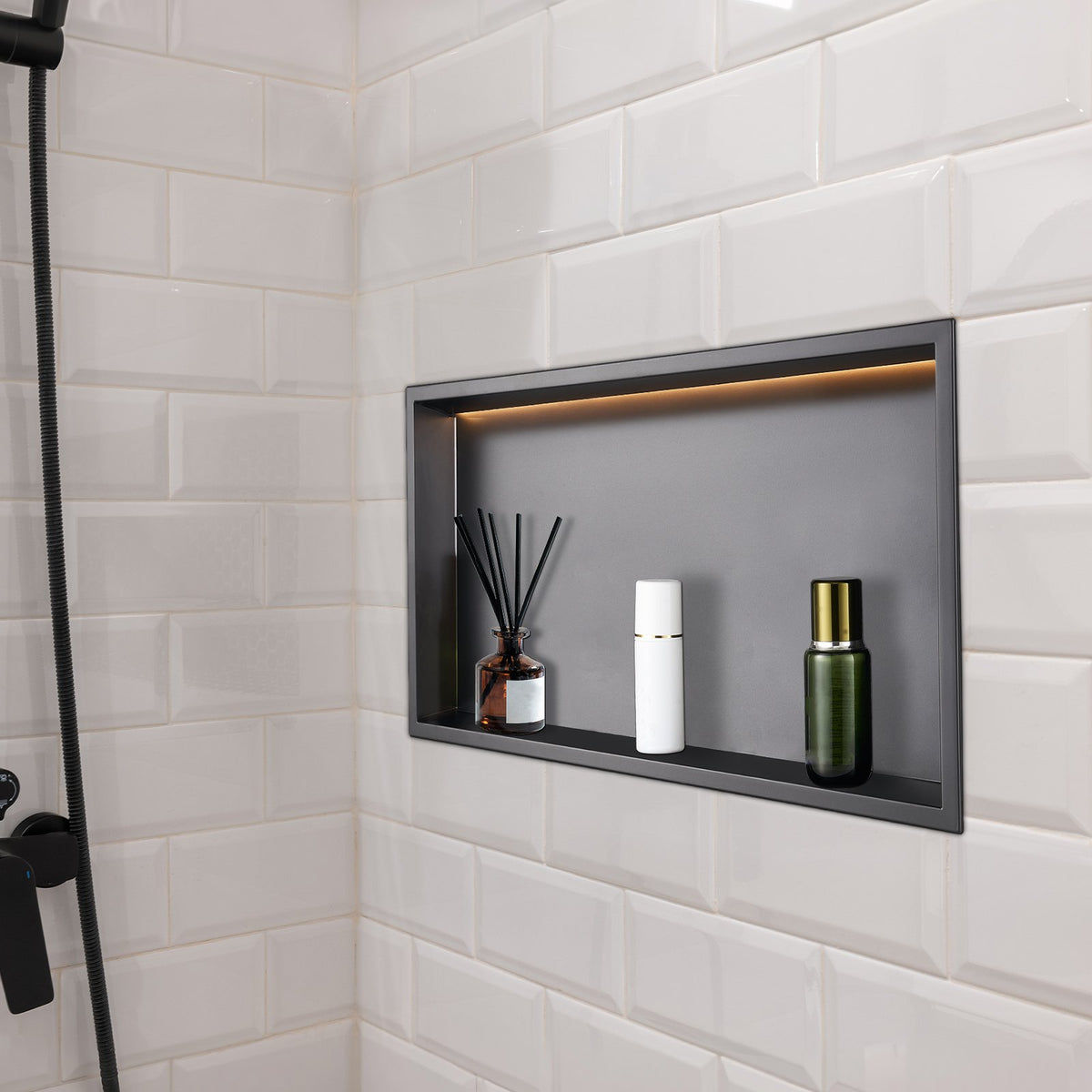 Shower Niche 33x63.5x10.2cm Recessed Wall Stainless Steel LED Strip Black