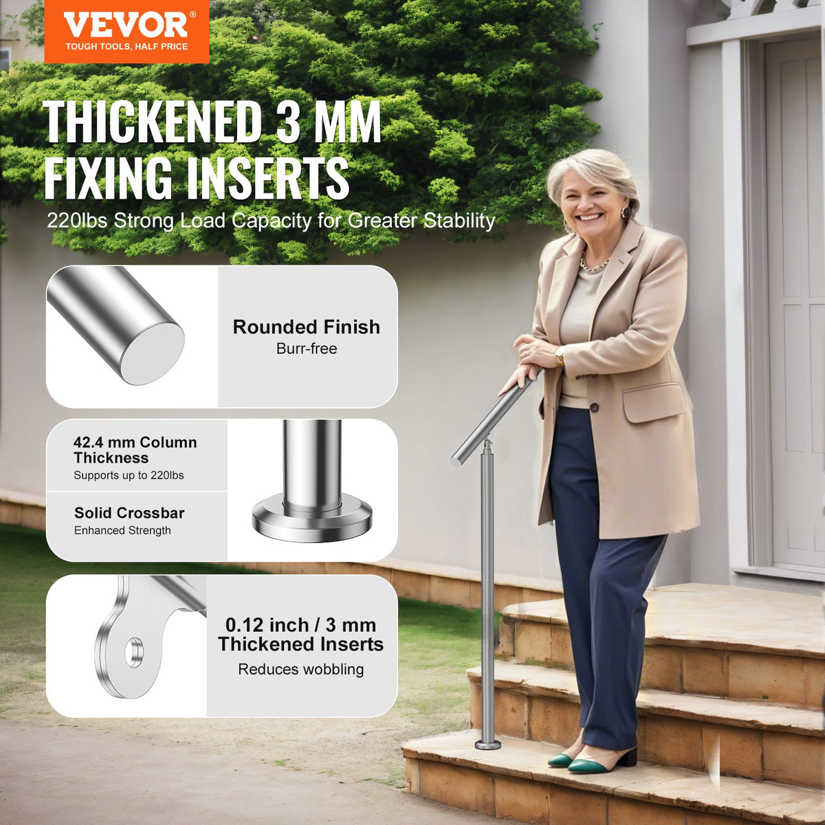 Handrails Outdoor Steps 39.4in Stainless Steel Stair Rail Kit Seniors Deck