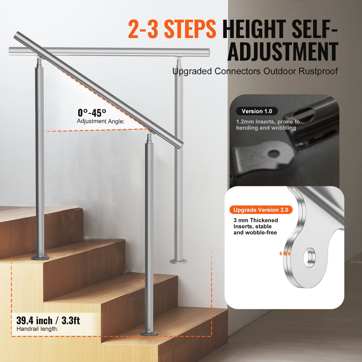 Handrails Outdoor Steps 39.4in Stainless Steel Stair Rail Kit Seniors Deck