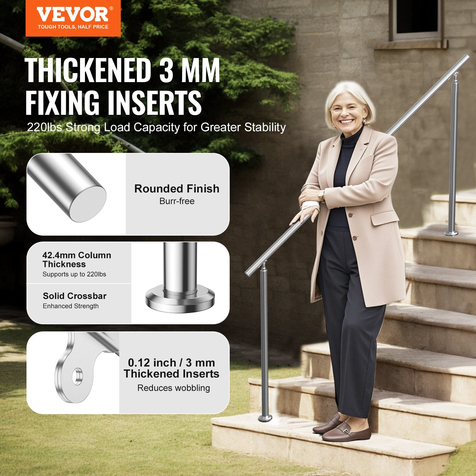 Handrails Outdoor Steps 70.9 Inch Stair Rail Stainless Steel Double-Column