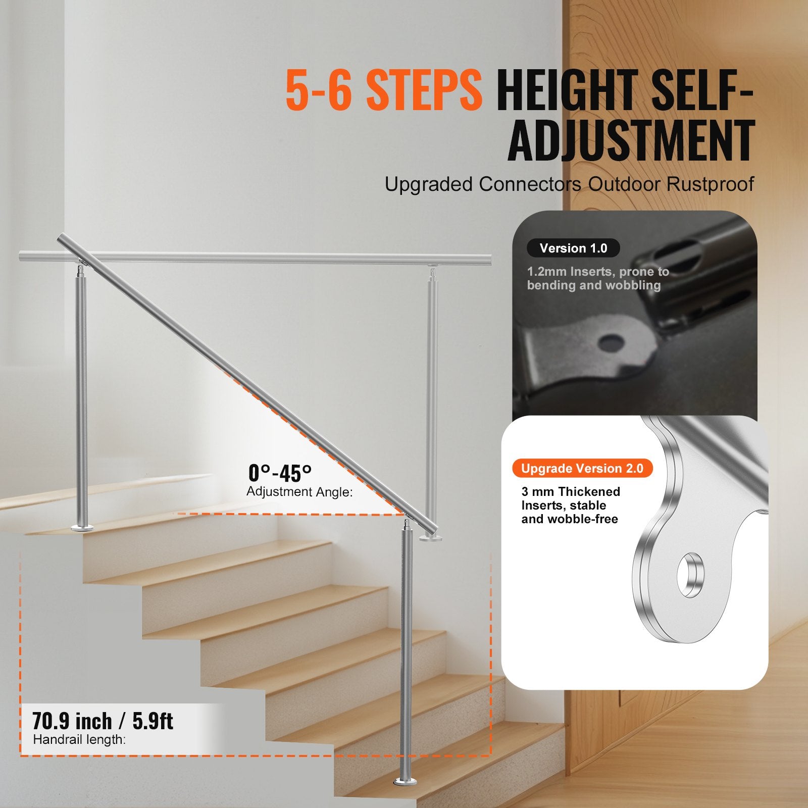 Handrails Outdoor Steps 70.9 Inch Stair Rail Stainless Steel Double-Column