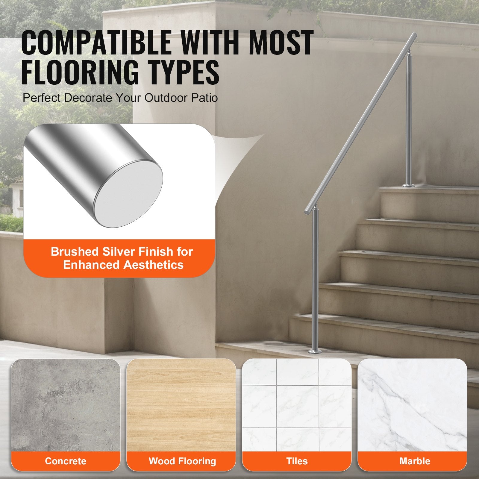 Handrails Outdoor Steps 70.9 Inch Stair Rail Stainless Steel Double-Column