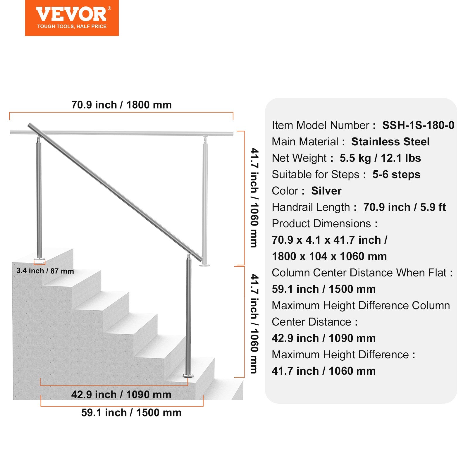 Handrails Outdoor Steps 70.9 Inch Stair Rail Stainless Steel Double-Column