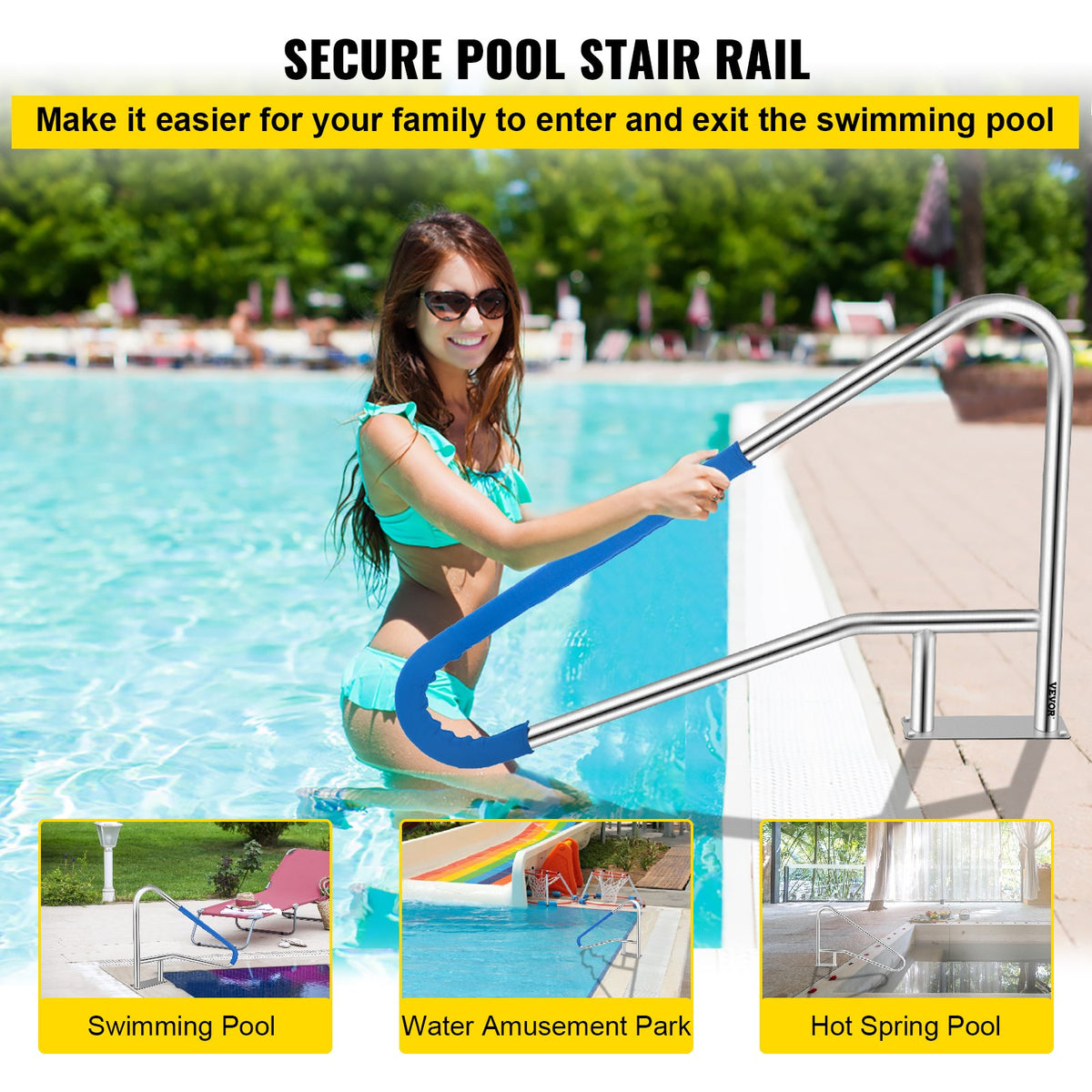 Pool Rail Railing 137x91.4cm Stainless Steel Handrail with 4ft Cover