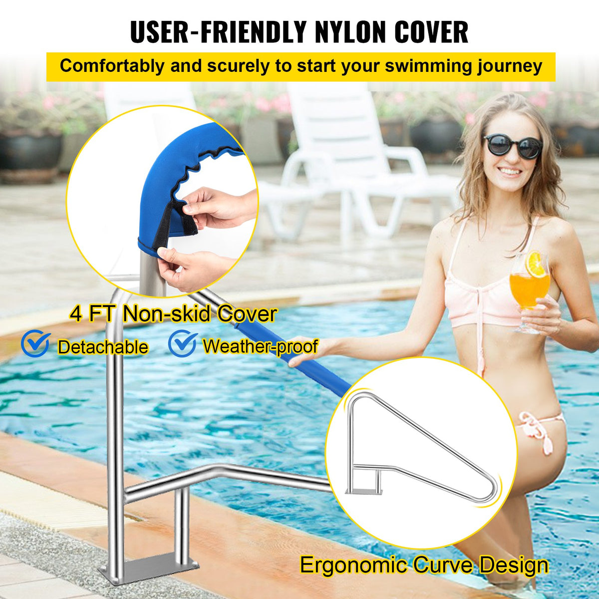 Pool Rail Railing 137x91.4cm Stainless Steel Handrail with 4ft Cover