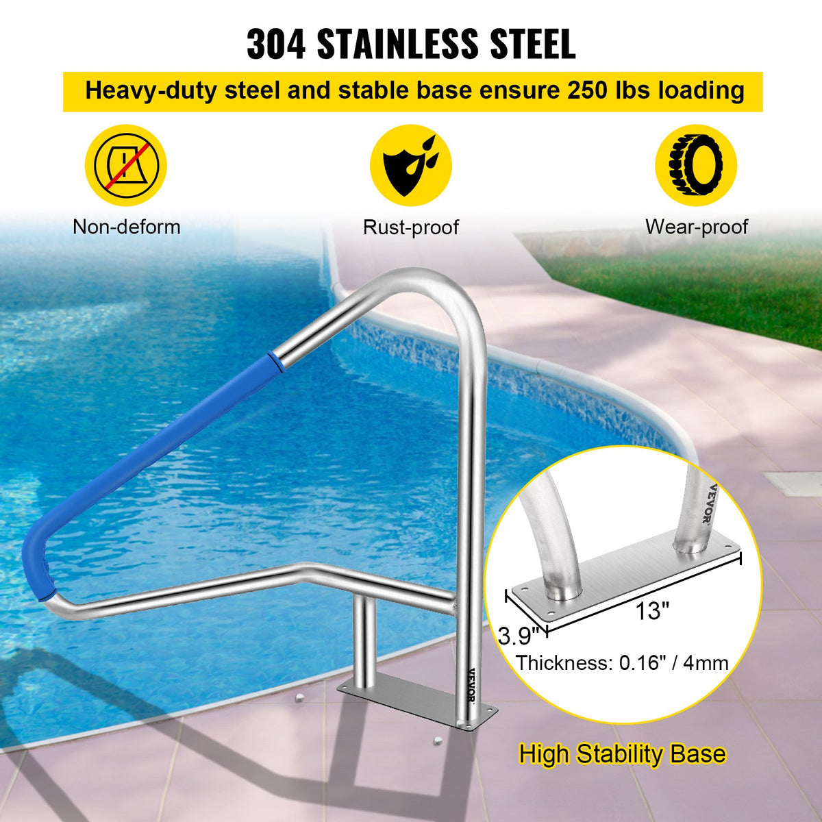 Pool Rail Railing 137x91.4cm Stainless Steel Handrail with 4ft Cover