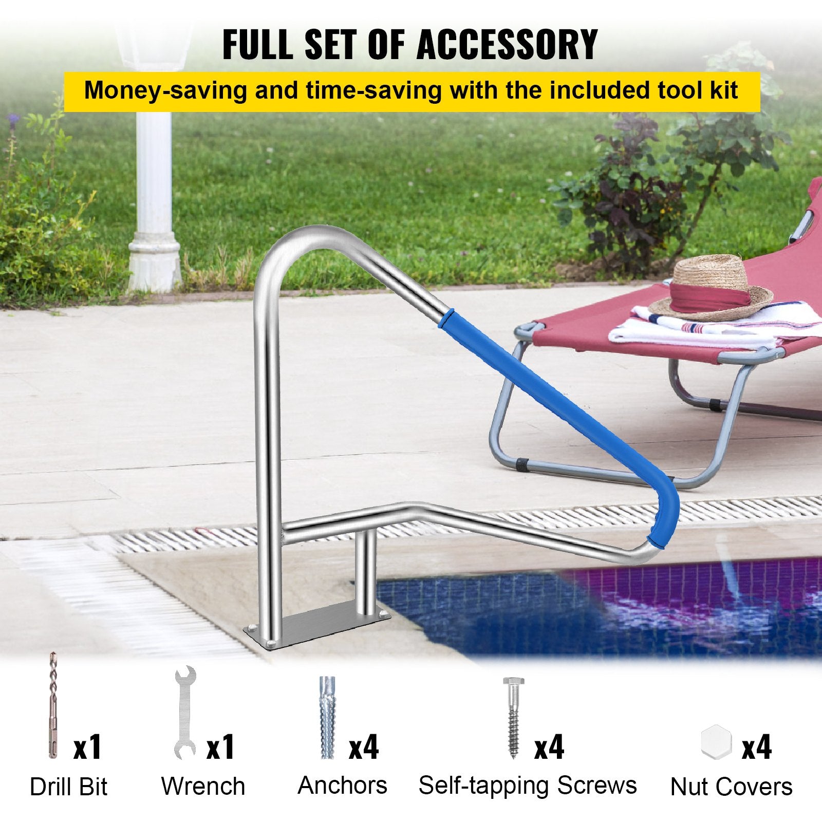 Pool Rail Railing 137x91.4cm Stainless Steel Handrail with 4ft Cover
