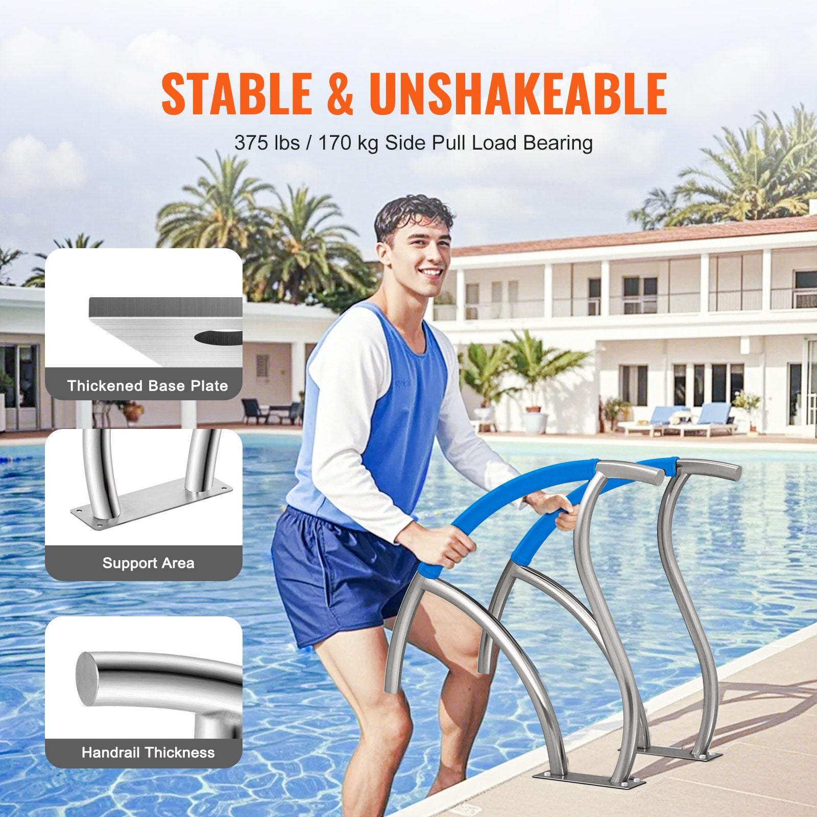 Pool Handrail 2PCS 30x30in Stainless Steel Railing Rust-Proof Grab Bar