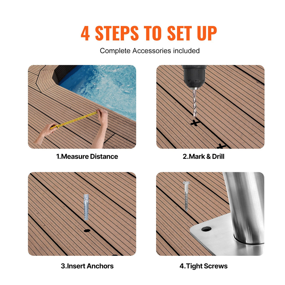 Pool Handrail 2PCS 30x30in Stainless Steel Railing Rust-Proof Grab Bar