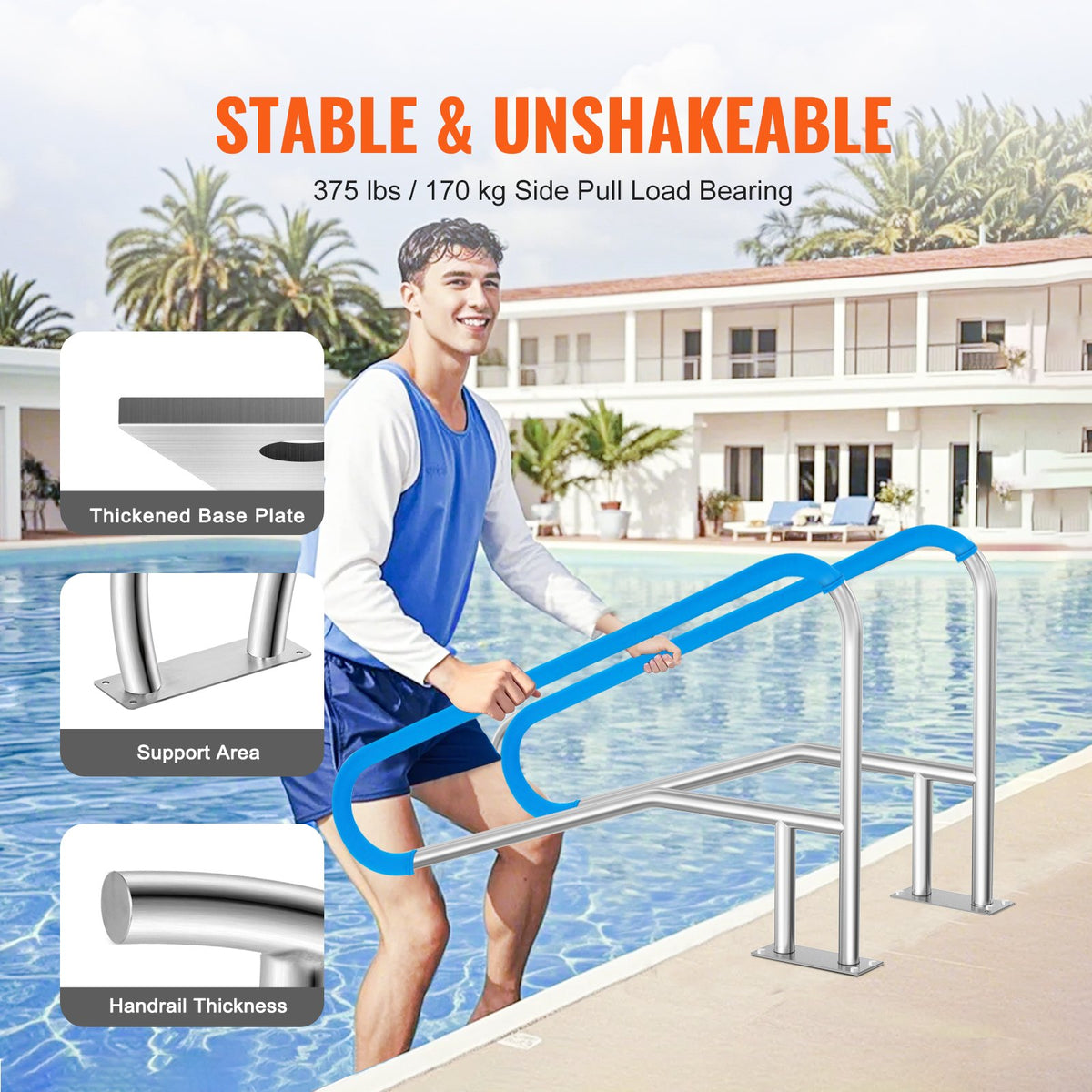 Pool H&rail, 2 PCS 55 x 32 in Stainless Steel Railing with Base Plate for Pools