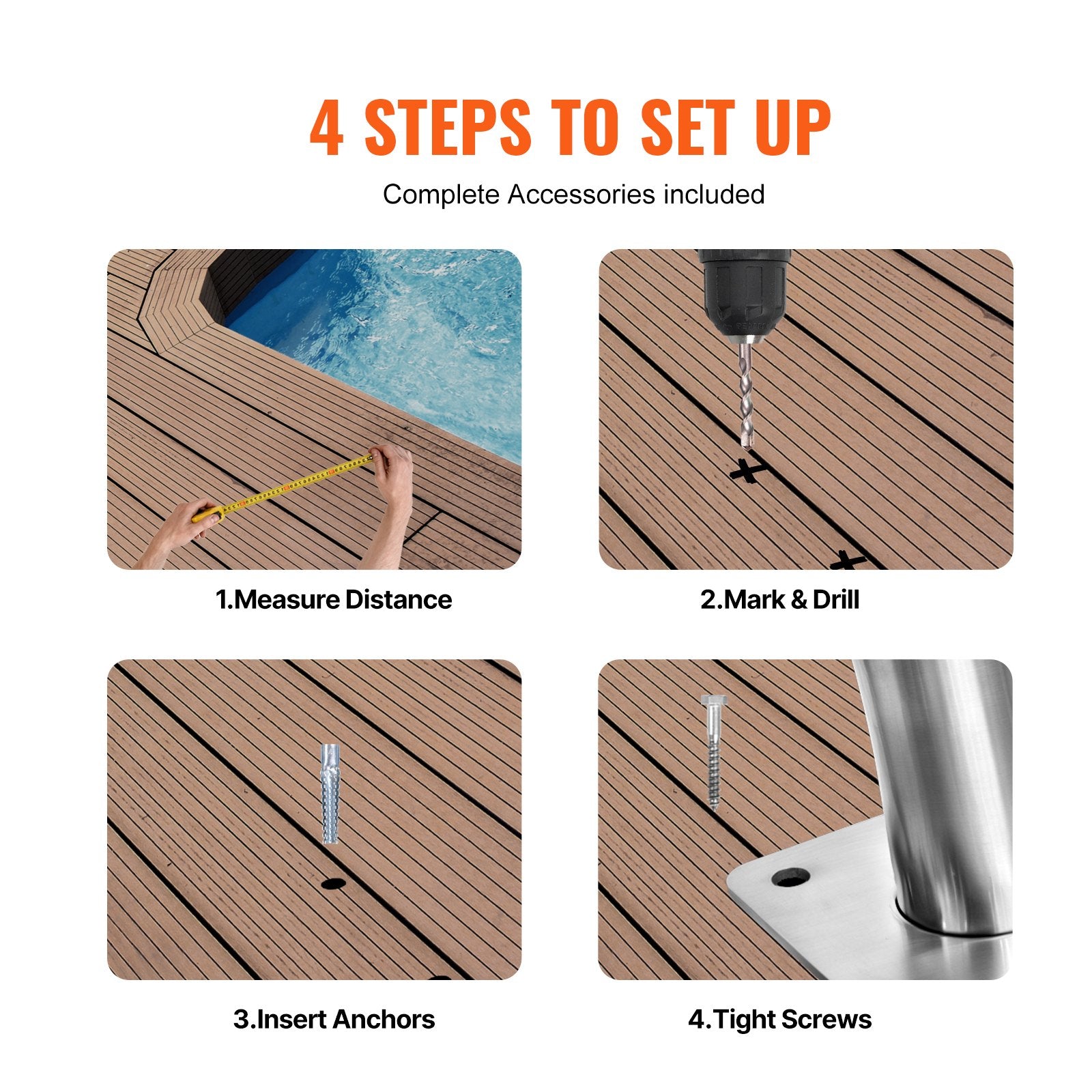 Pool H&rail, 2 PCS 55 x 32 in Stainless Steel Railing with Base Plate for Pools
