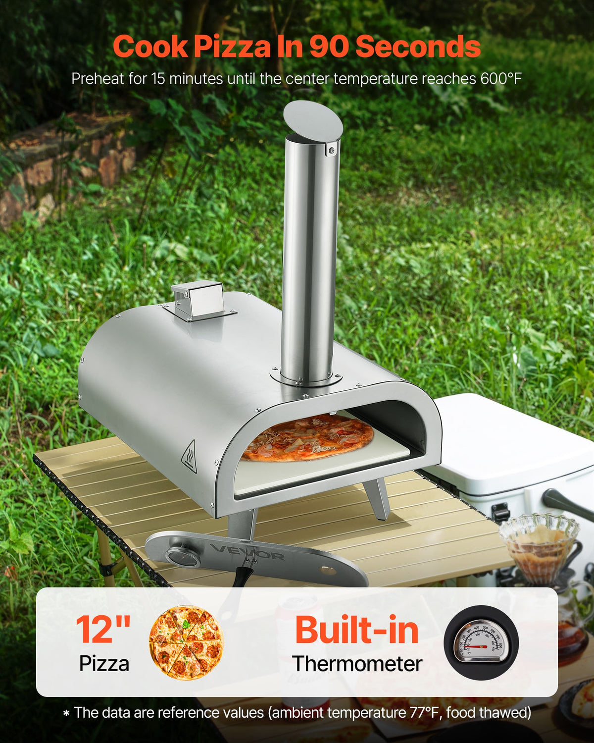 Outdoor Pizza Oven 12in Pellet Portable Wood Fired Stainless Steel Thermometer