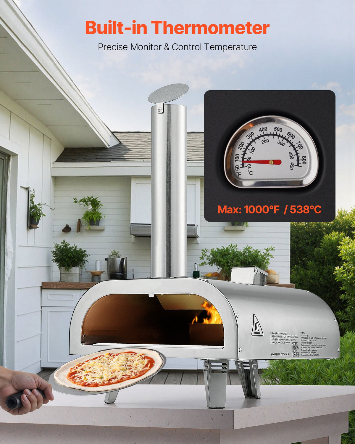 Outdoor Pizza Oven 12in Pellet Portable Wood Fired Stainless Steel Thermometer