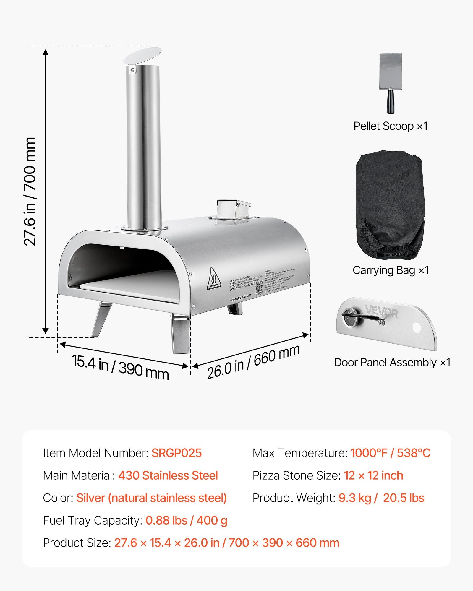 Outdoor Pizza Oven 12in Pellet Portable Wood Fired Stainless Steel Thermometer