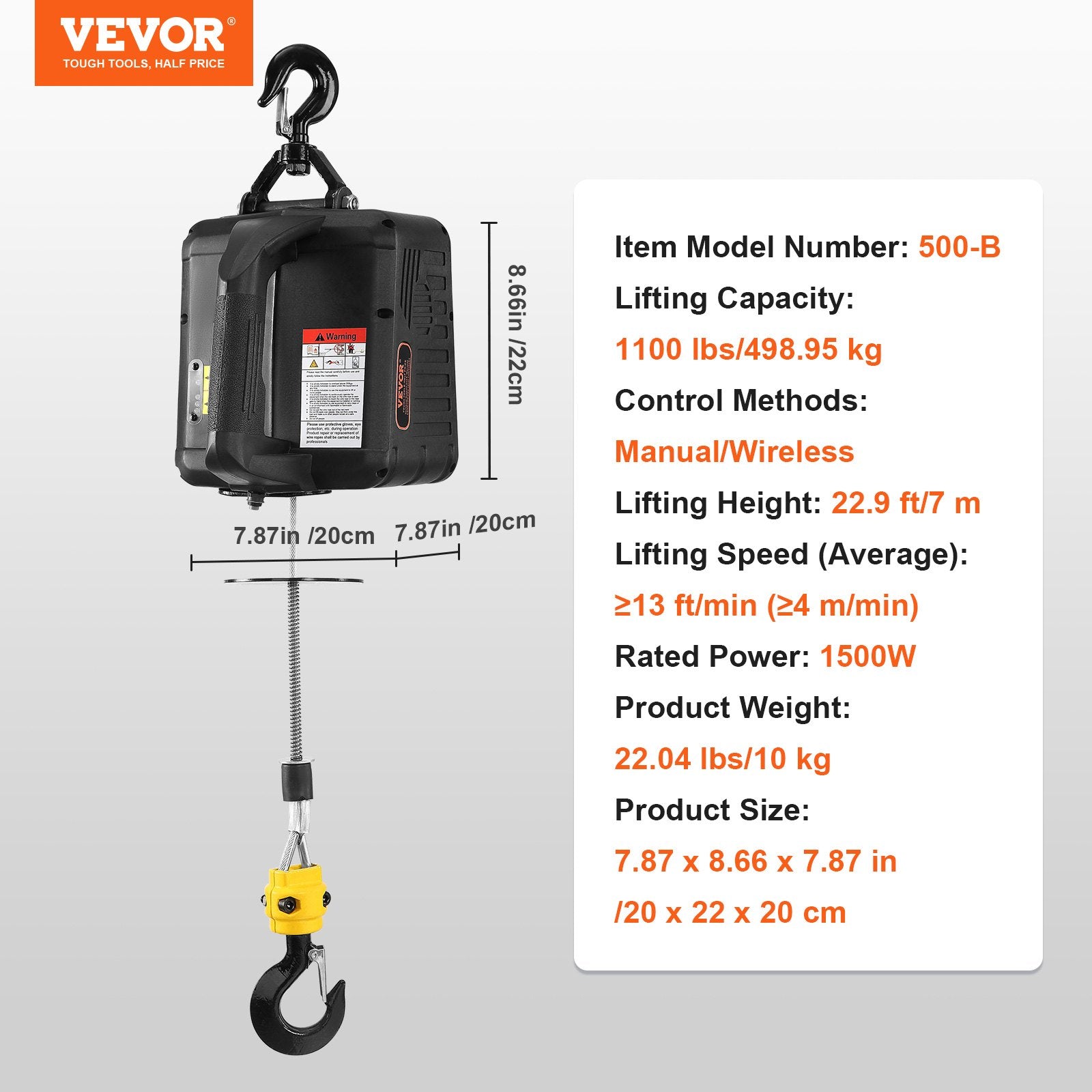 Electric Hoist Winch 2-in-1 Portable Crane 500kg 1500W 7m Height 4m/min Wireless