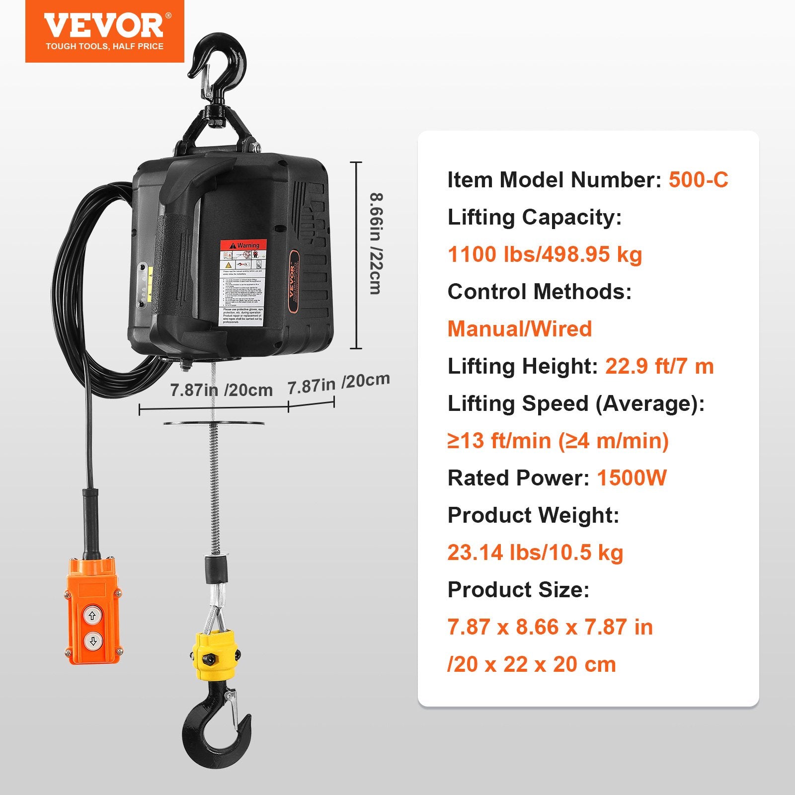 Electric Hoist Winch 2-in-1 500kg 1500W Crane 7m Height 4m/min Wired Remote