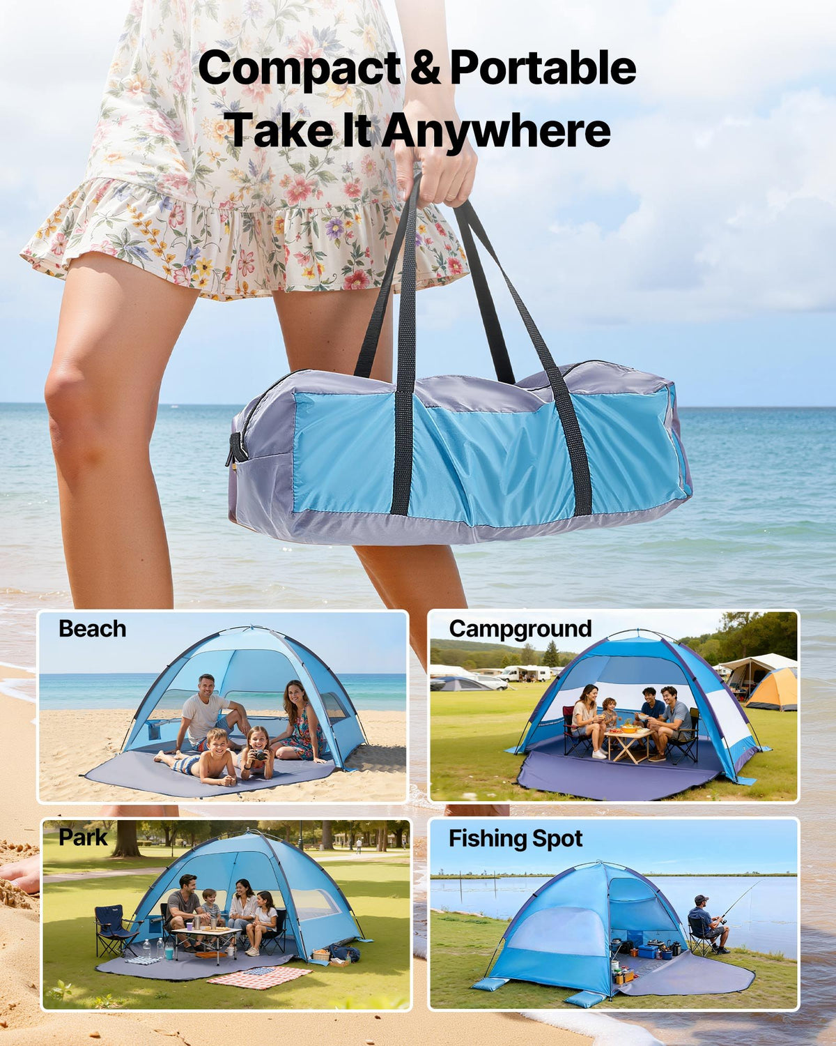 Portable Beach Tent Sun Shelter UPF 50+ Canopy with Carry Bag and Sand Pockets