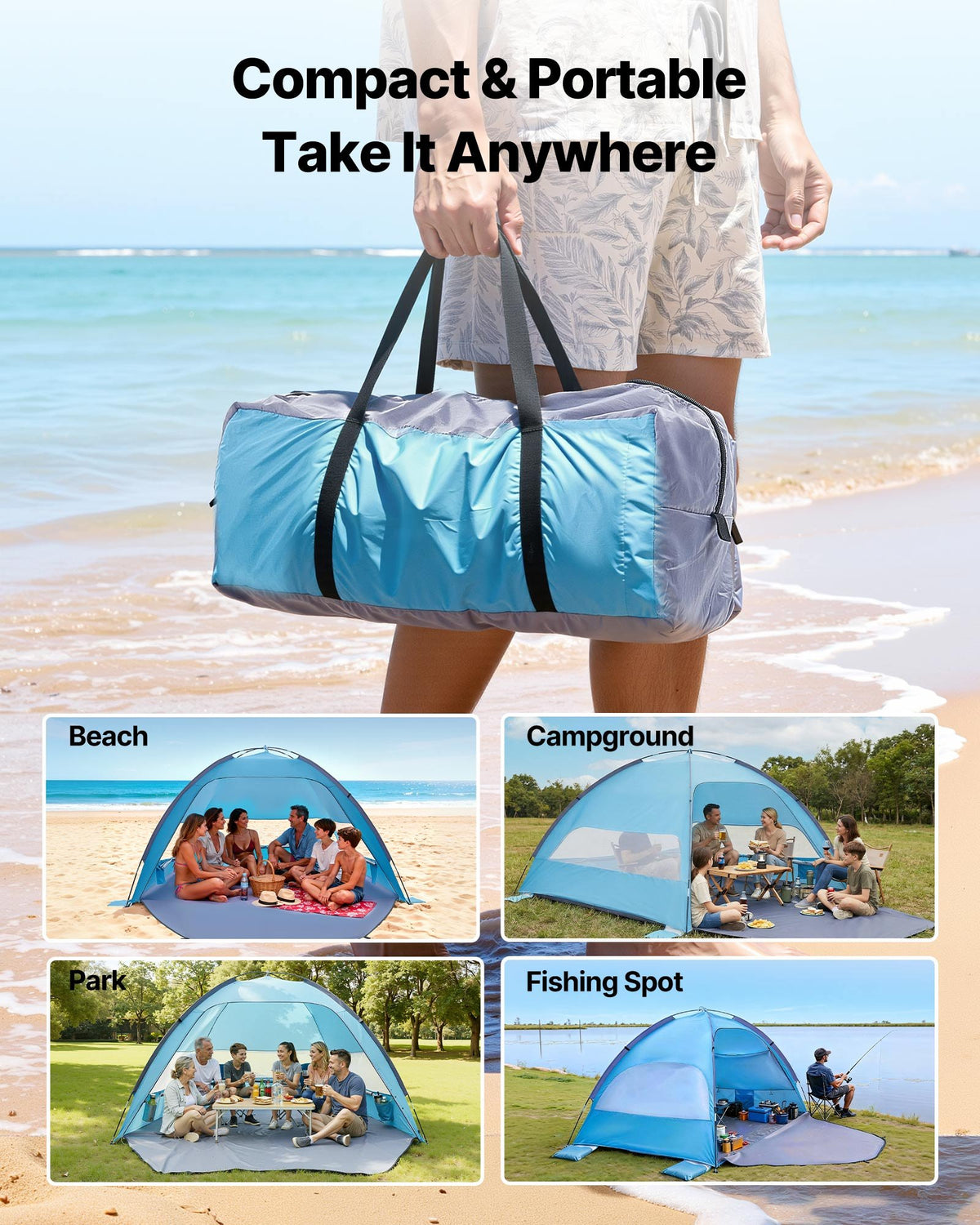 Portable Beach Tent Sun Shelter UPF 50+ Canopy with Carry Bag and Sand Pockets