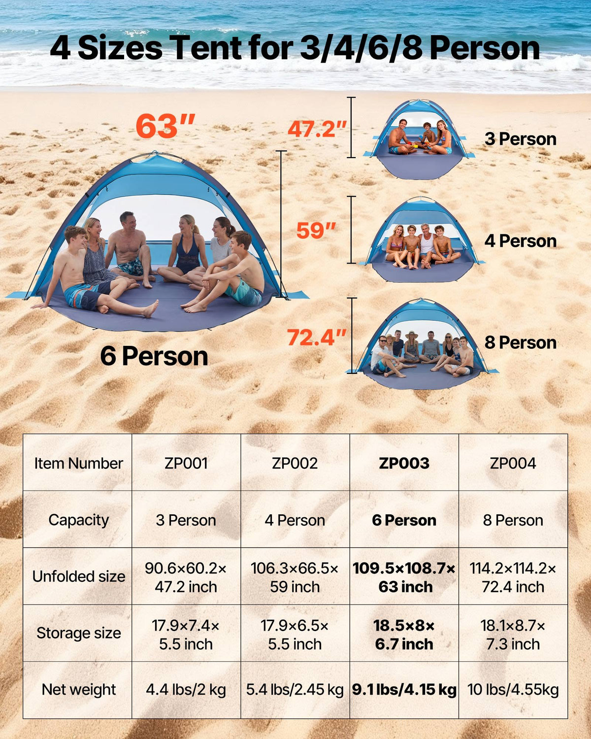 Portable Beach Tent Sun Shelter UPF 50+ Canopy with Carry Bag and Sand Pockets