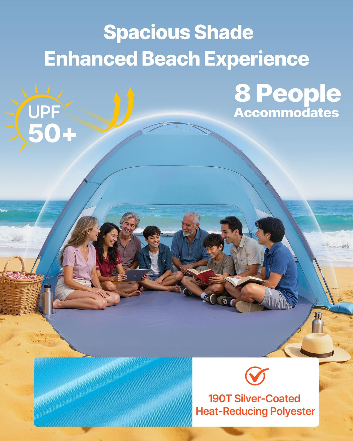 Portable Beach Tent Sun Shelter UPF 50+ Canopy with Carry Bag and Sand Pockets