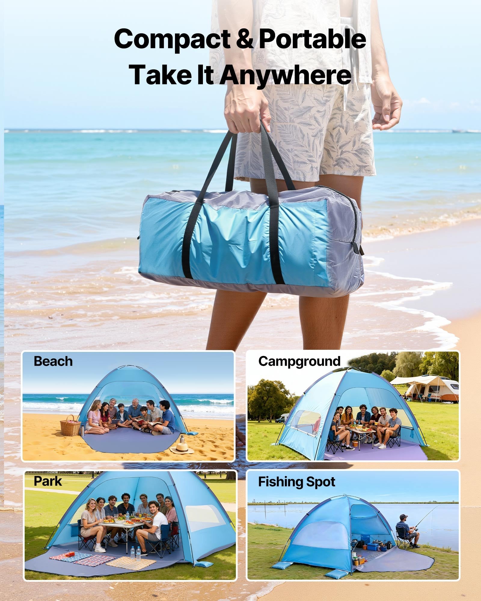 Portable Beach Tent Sun Shelter UPF 50+ Canopy with Carry Bag and Sand Pockets