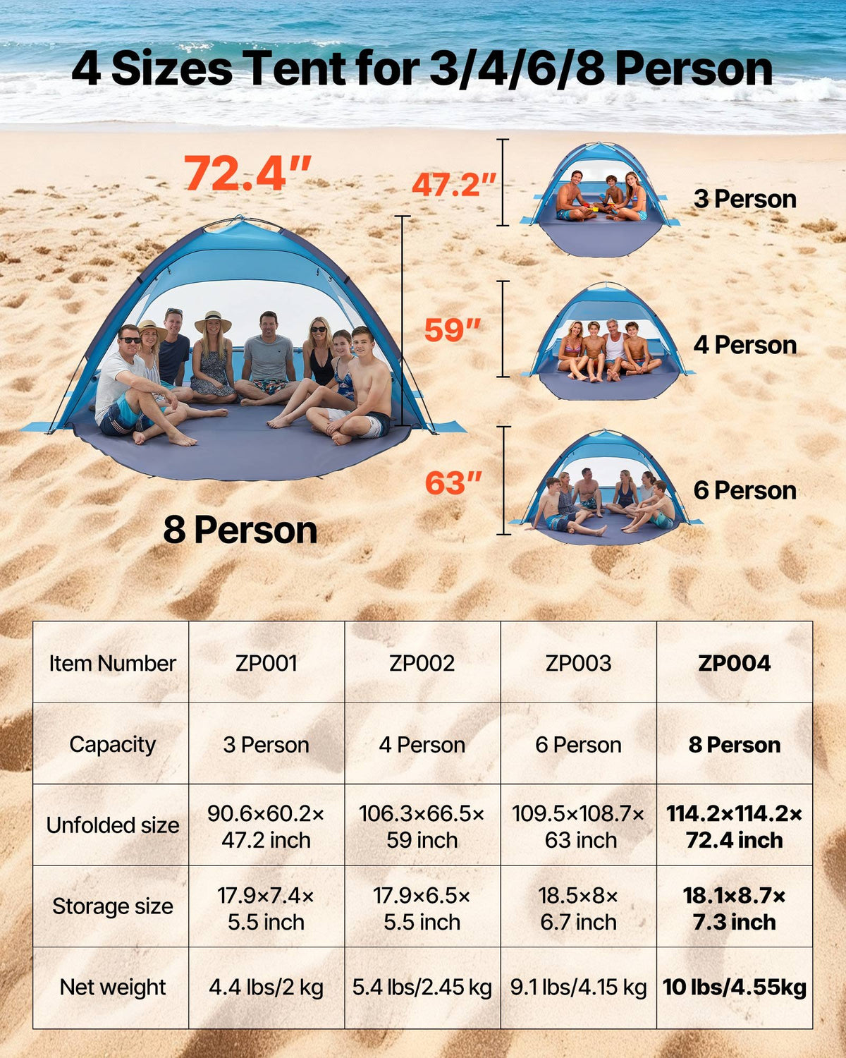 Portable Beach Tent Sun Shelter UPF 50+ Canopy with Carry Bag and Sand Pockets