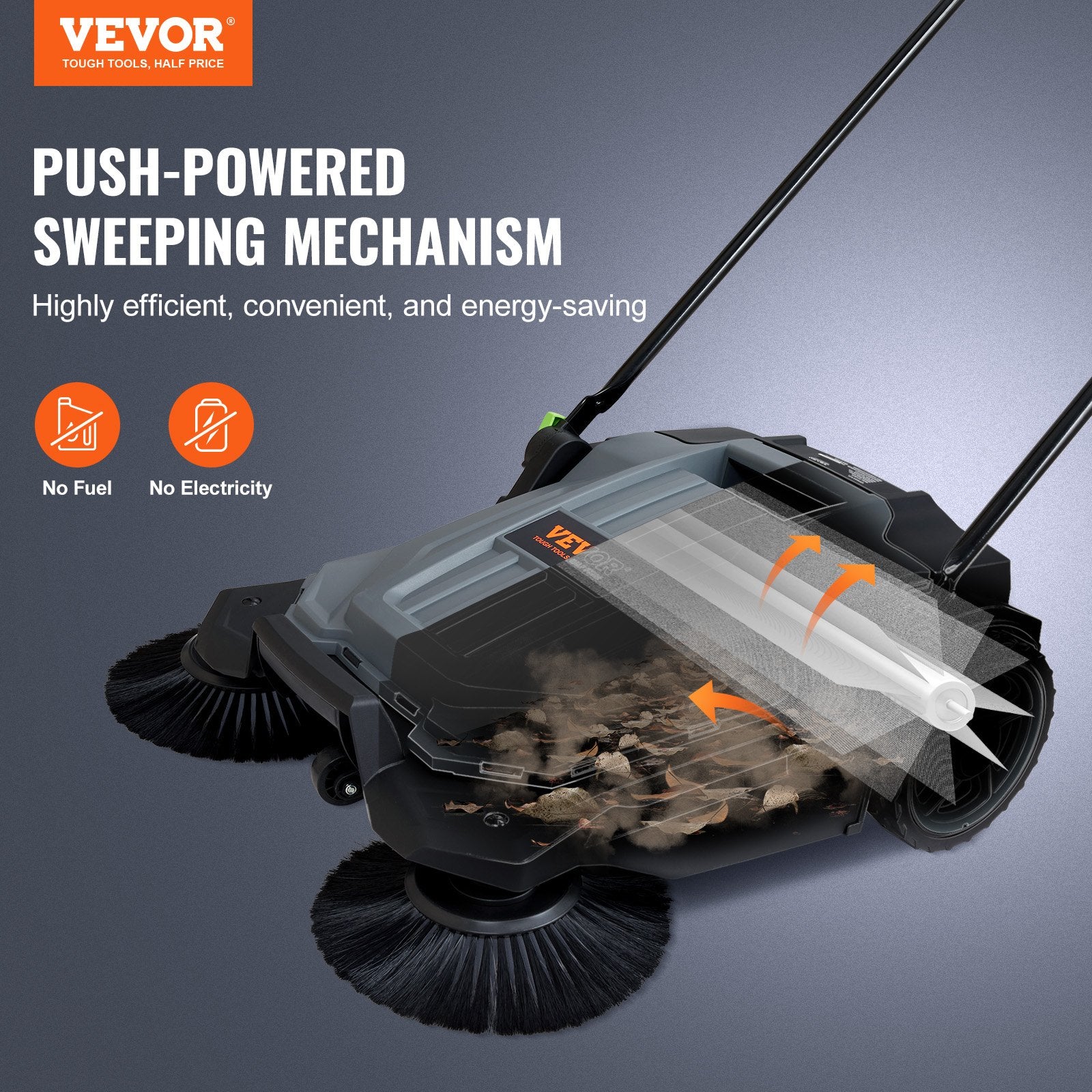 65cm Hand Push Floor Sweeper Manual Non-Electric 18.9L for Yard Garage Patio