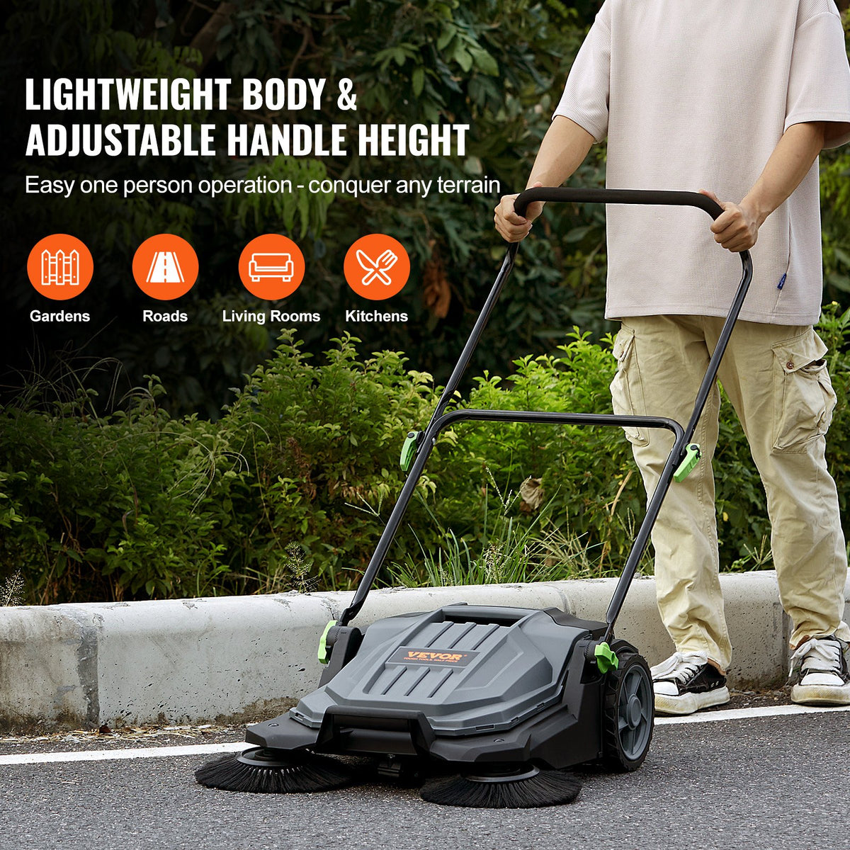 65cm Hand Push Floor Sweeper Manual Non-Electric 18.9L for Yard Garage Patio