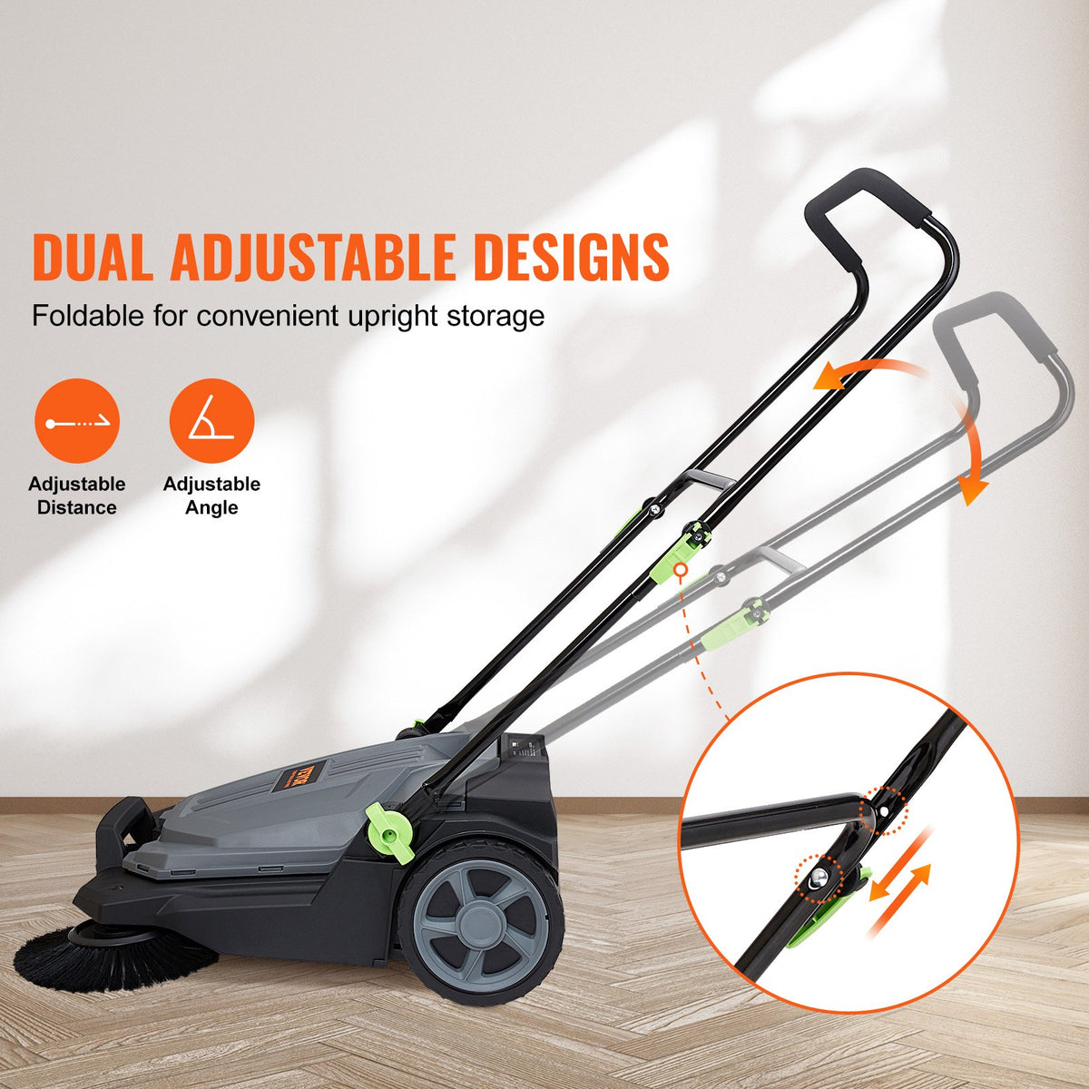 65cm Hand Push Floor Sweeper Manual Non-Electric 18.9L for Yard Garage Patio