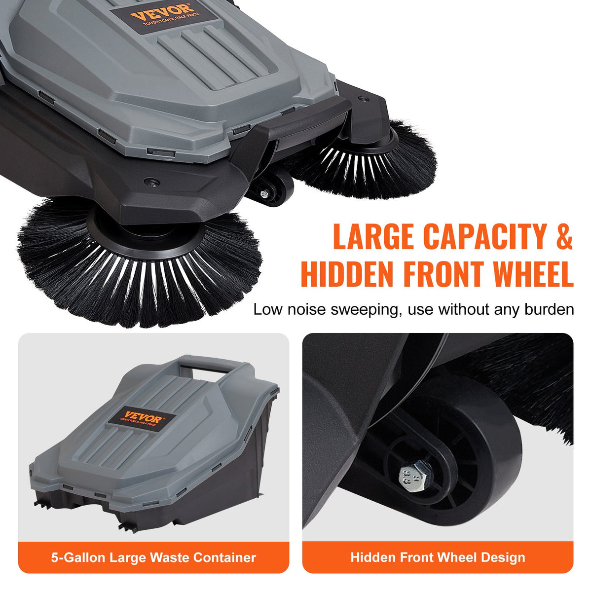 65cm Hand Push Floor Sweeper Manual Non-Electric 18.9L for Yard Garage Patio