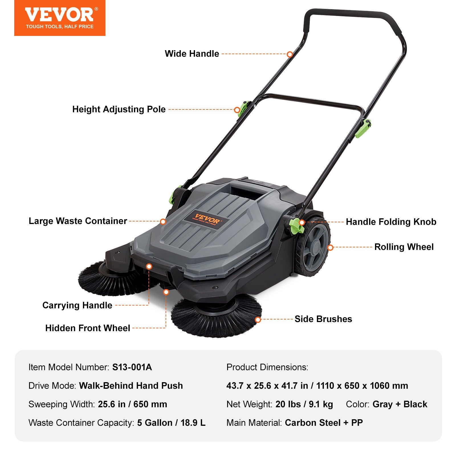 65cm Hand Push Floor Sweeper Manual Non-Electric 18.9L for Yard Garage Patio