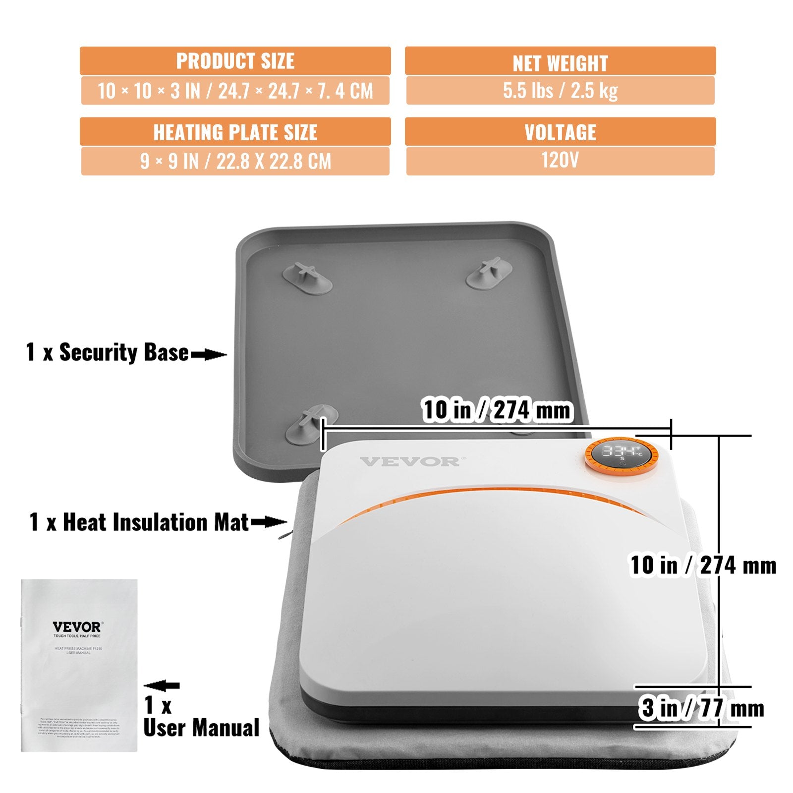 Heat Press Machine 9x9in Portable Sublimation Transfer PTFE Coated for T-Shirts