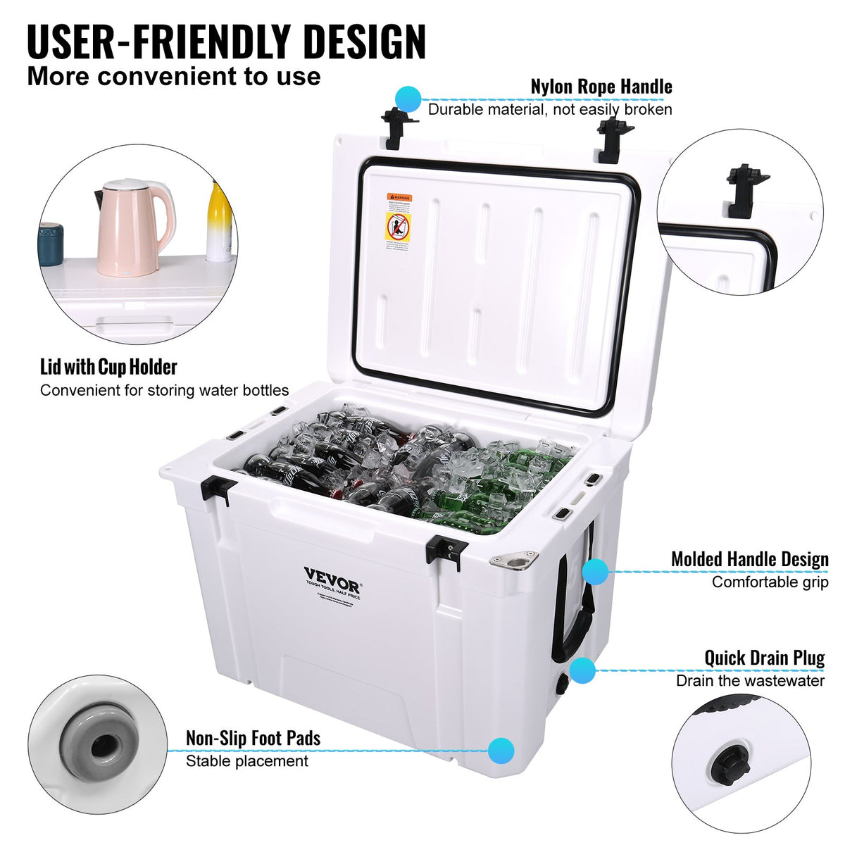 65 qt Insulated Portable Cooler Holds 65 Cans with Heavy Duty Handle