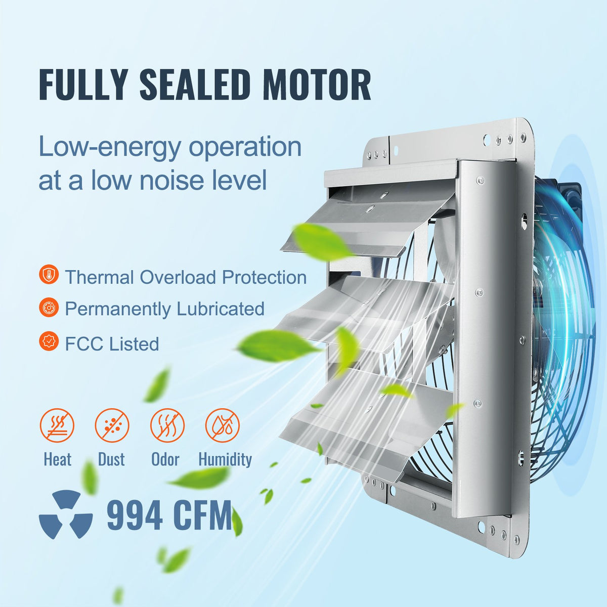 Shutter Exhaust Fan 356mm 1400RPM 994 CFM Aluminum Wall Mount AC Motor Vent Fans