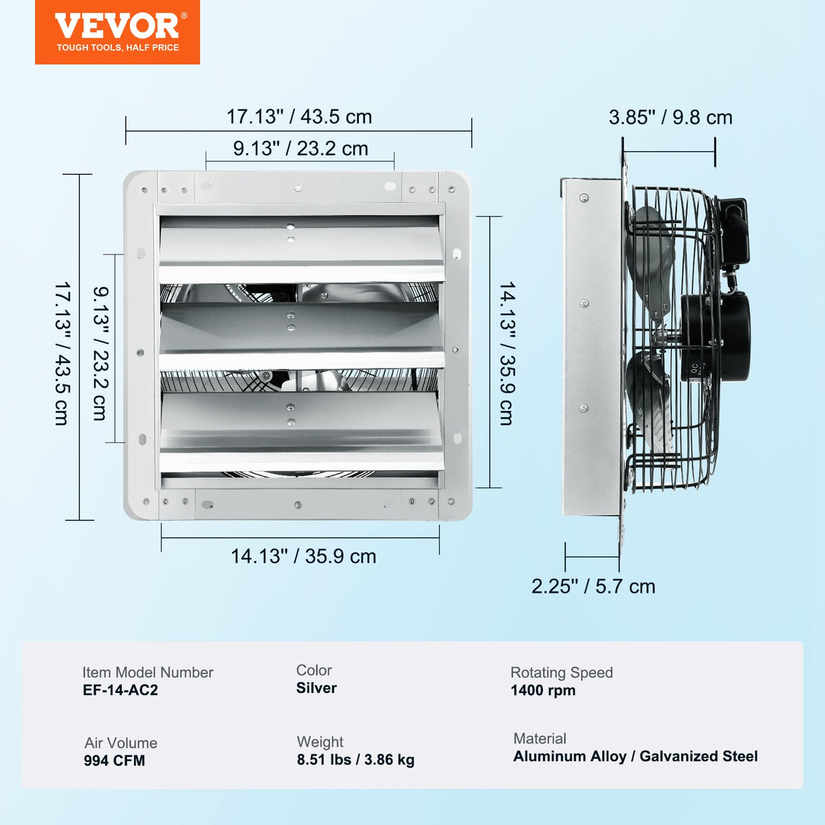 Shutter Exhaust Fan 356mm 1400RPM 994 CFM Aluminum Wall Mount AC Motor Vent Fans
