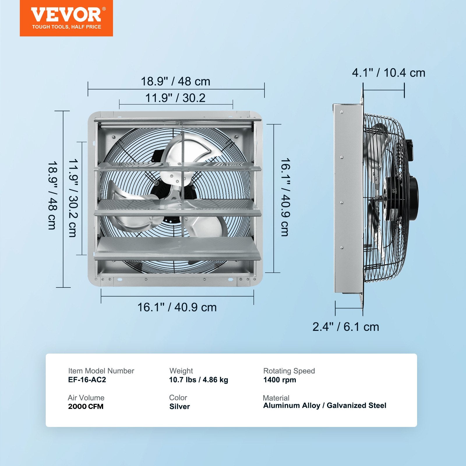 Shutter Exhaust Fan 406mm 1400RPM 1506CFM High-Speed Aluminum Wall Mount Vent
