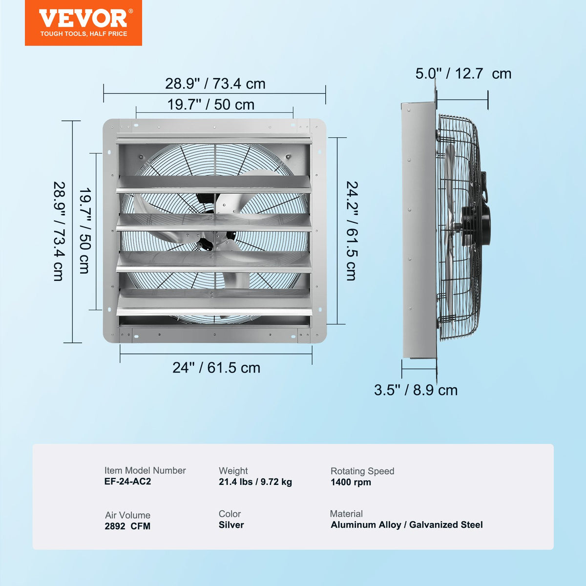 Shutter Exhaust Fan 610mm 1400RPM 2892 CFM Aluminum Wall Mount AC Motor Vent Fan