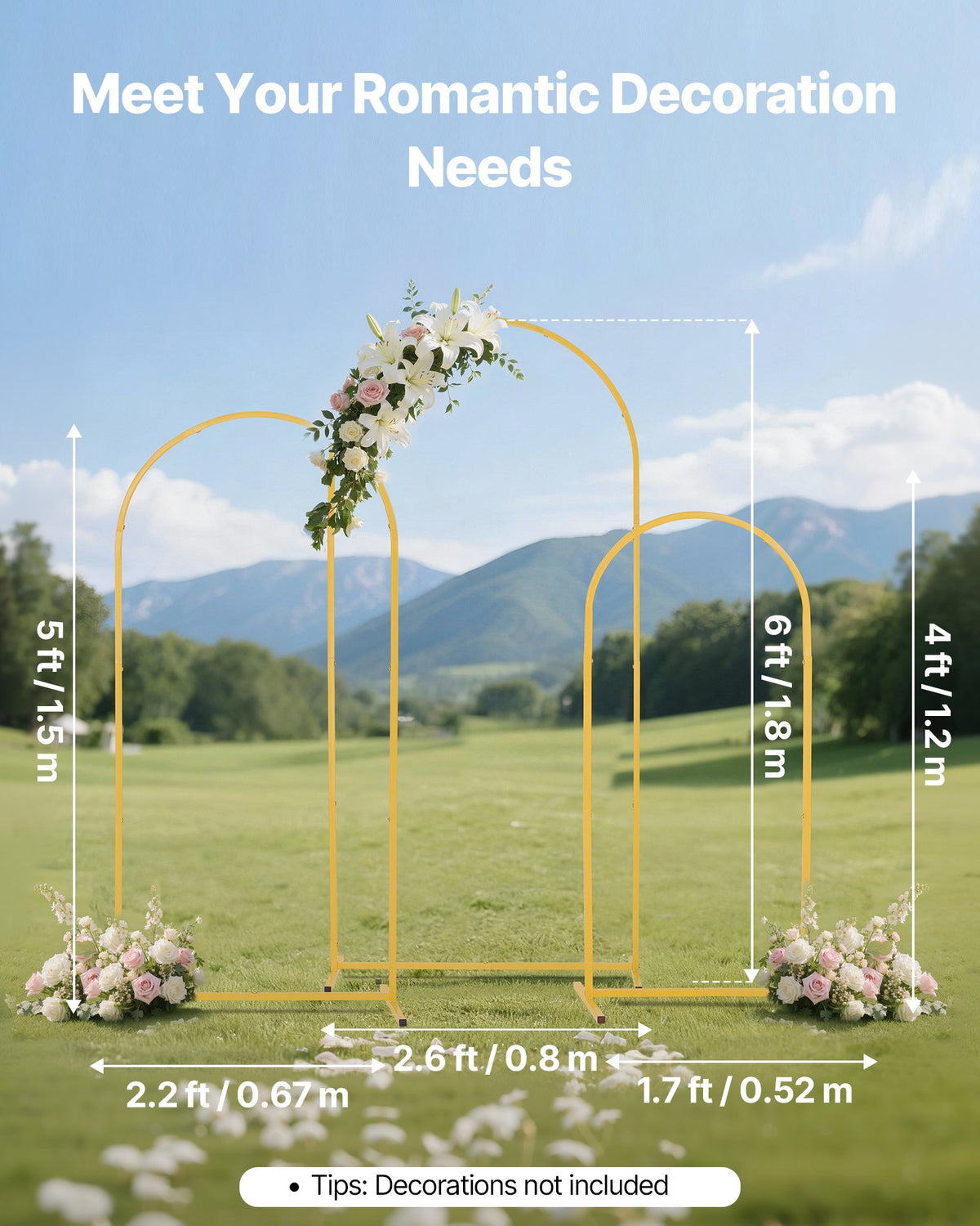 Arch Backdrop Stand Set of 3 1.8/1.5/1.2m Gold Metal for Events