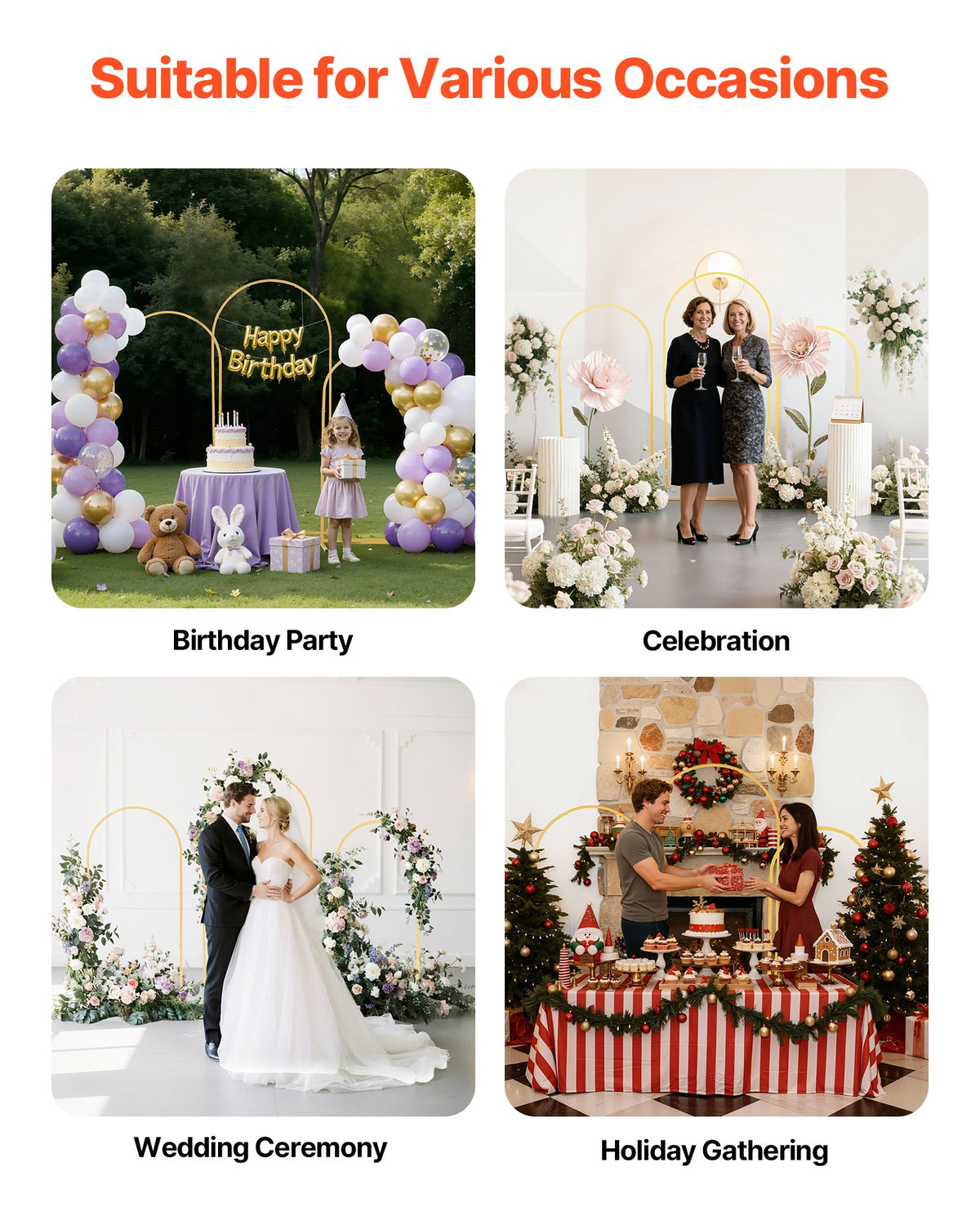 Arch Backdrop Stand Set of 3 1.8/1.5/1.2m Gold Metal for Events