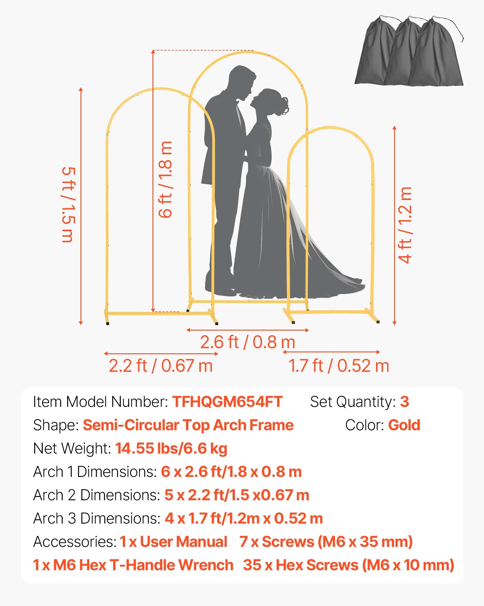 Arch Backdrop Stand Set of 3 1.8/1.5/1.2m Gold Metal for Events