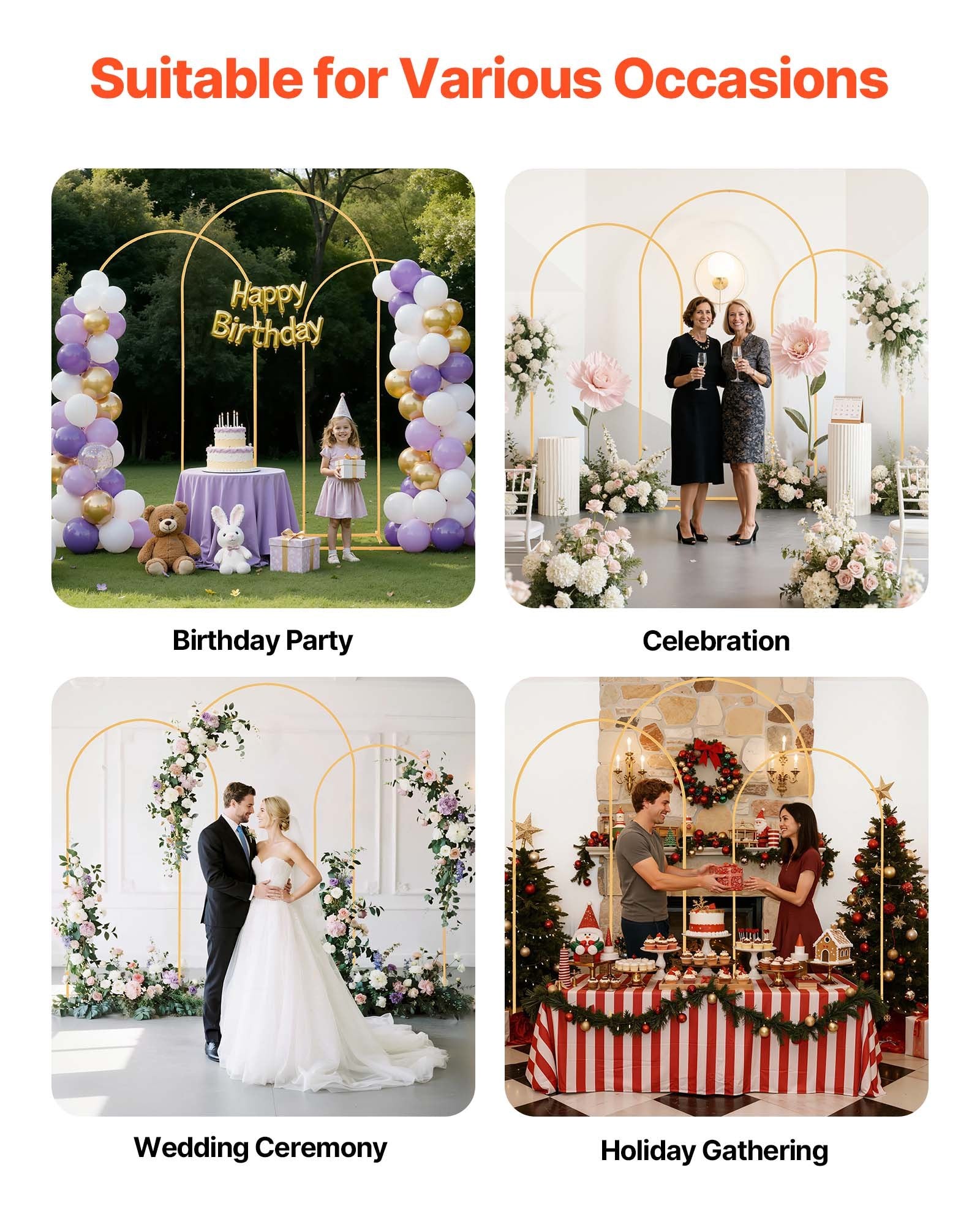 Set of 3 Gold Metal Arch Backdrop Stands for Wedding & Party Decoration