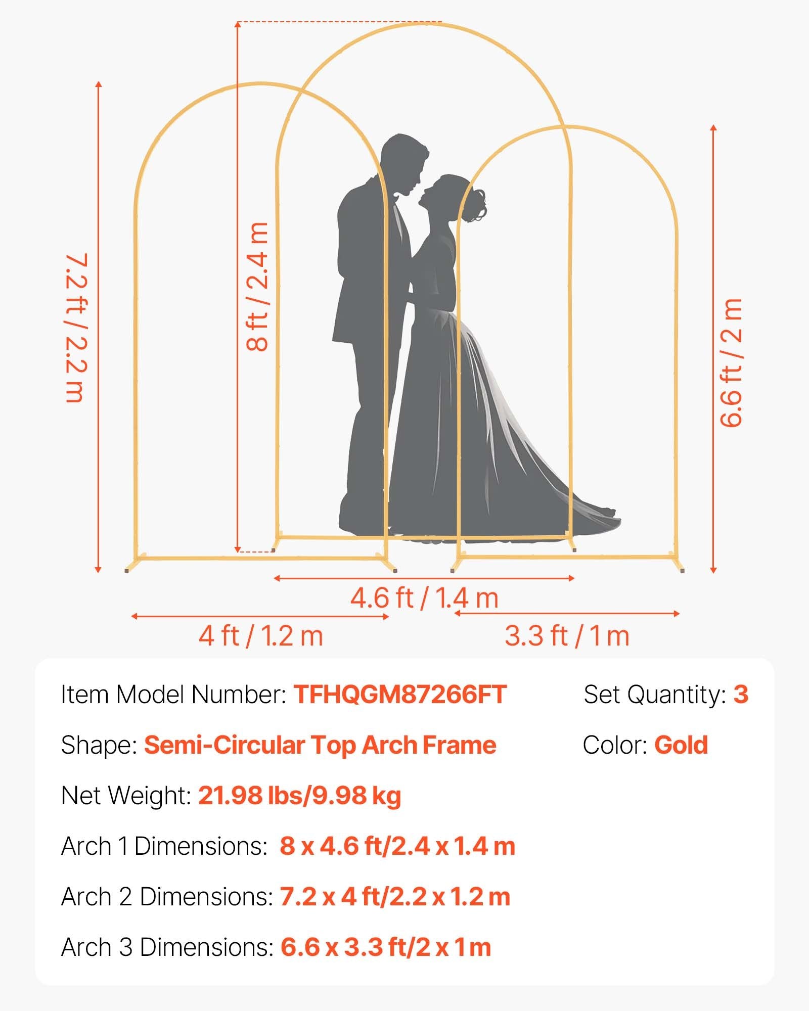 Set of 3 Gold Metal Arch Backdrop Stands for Wedding & Party Decoration